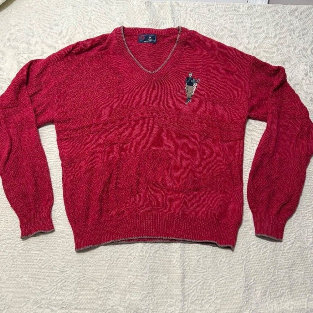 Vintage Isle of Cotton Red Embroidered Golfer V-Neck Textured Knit Sweater